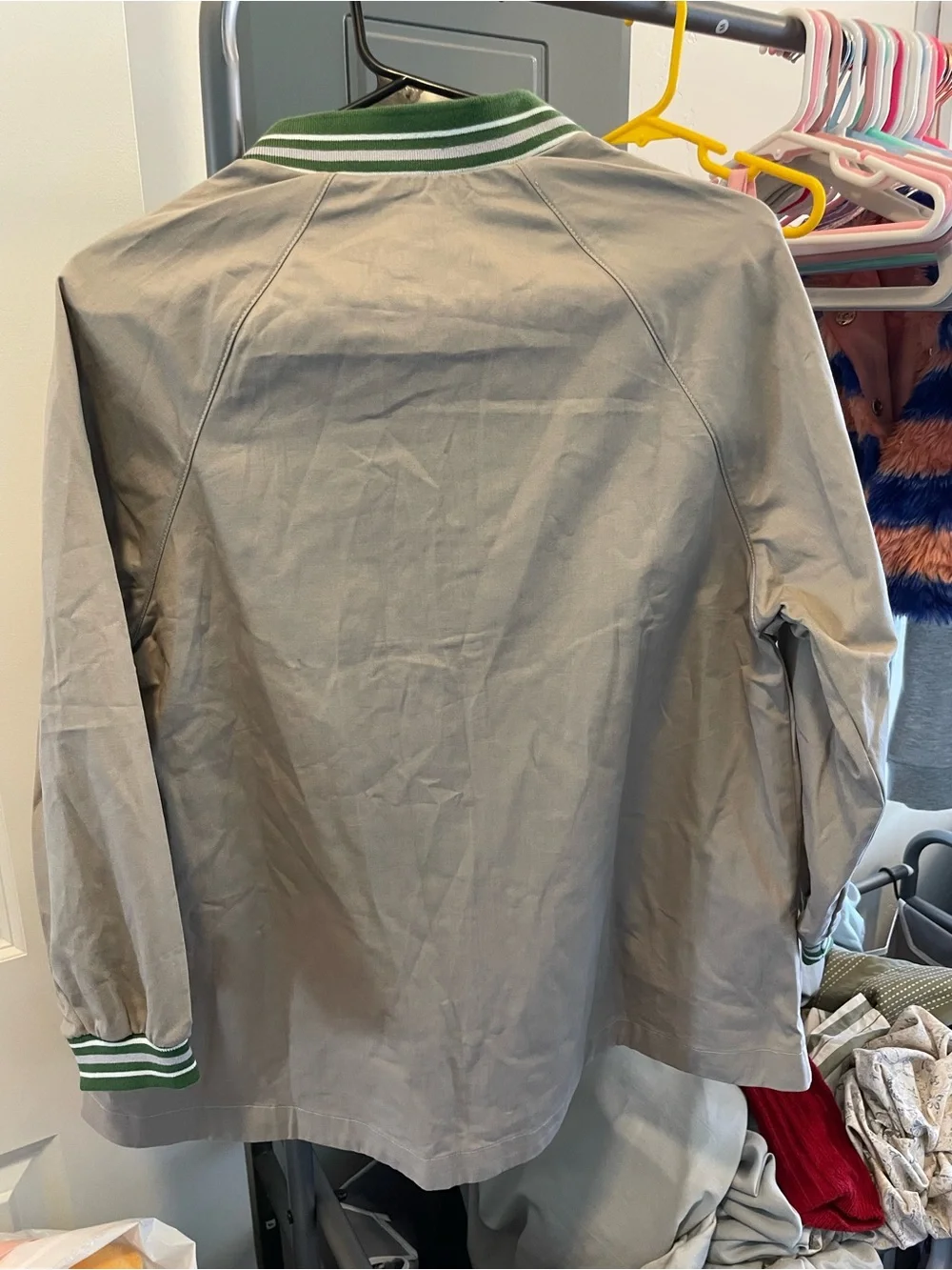 Unbranded Kids Gray Cotton-Blend Bomber Jacket with Green Trim